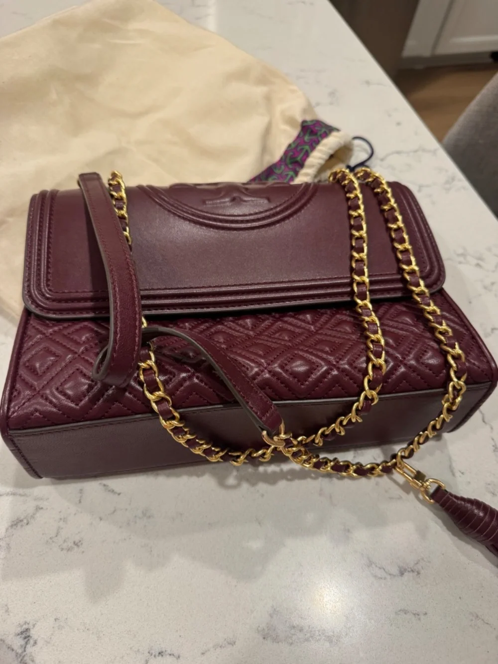 Tory Burch Small Fleming Convertible Shoulder Bag – Burgundy Quilted Leather